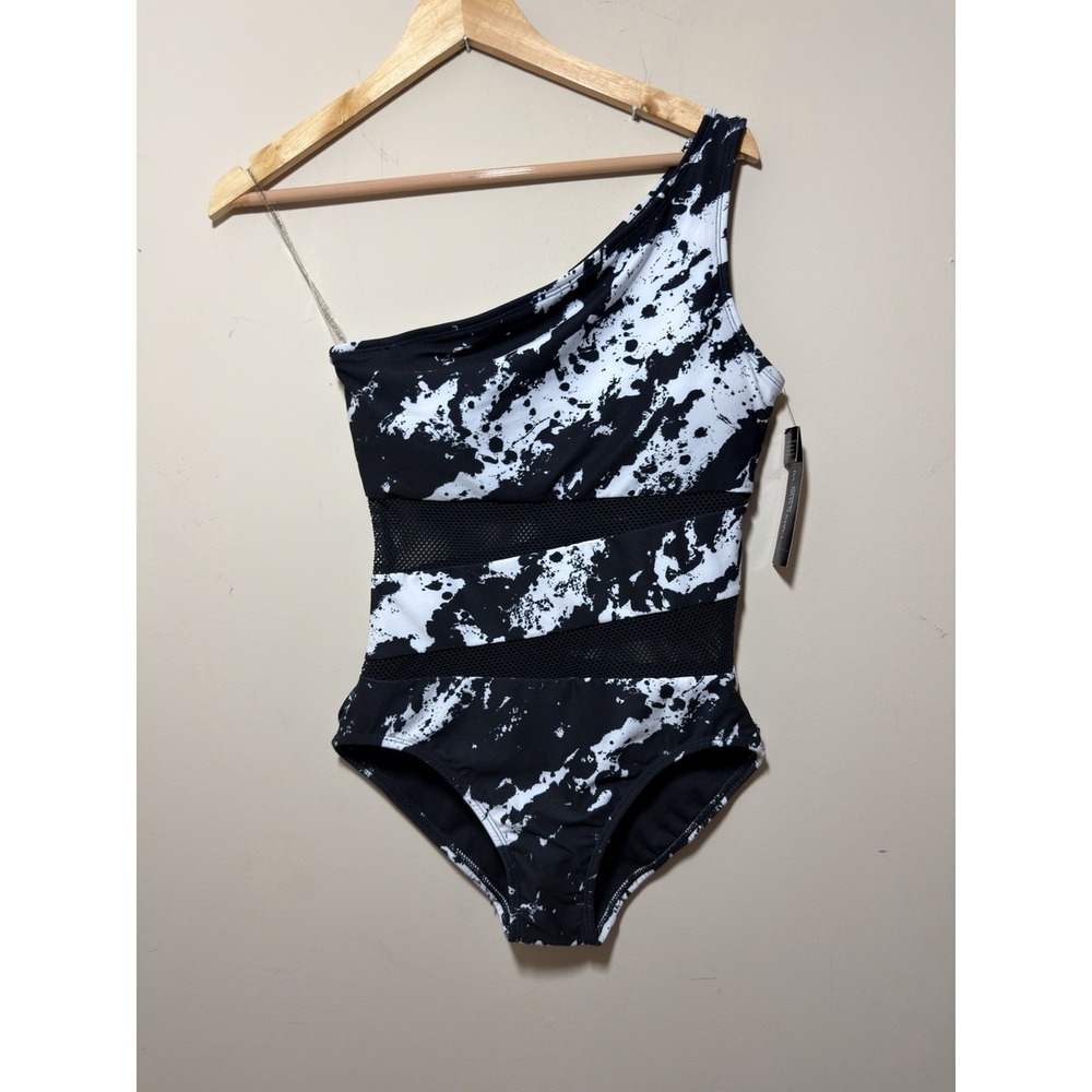 NWT Carmen Marc Valvo One Shoulder Mesh Swimsuit Black/White  Sz 8  Bathing Suit